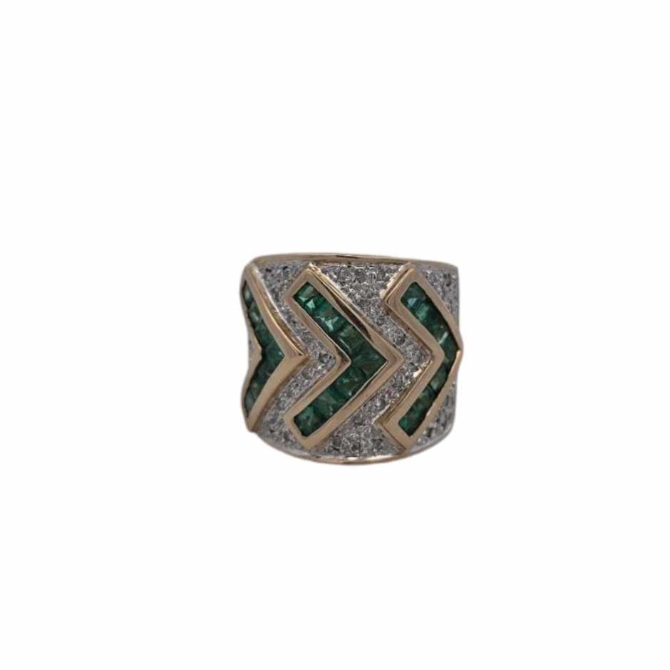 14K Yellow Gold Emerald and Diamond Chevron Rin