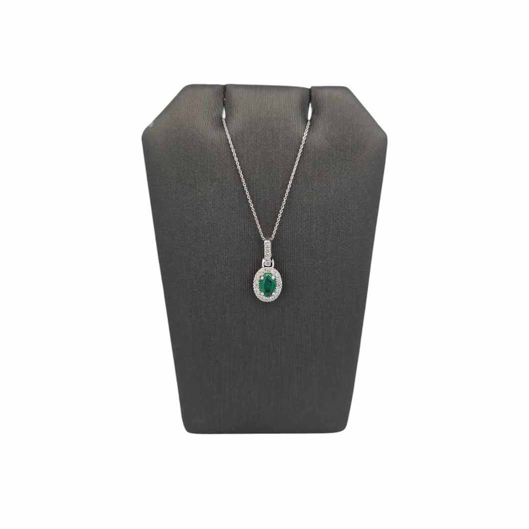 14K White Gold Oval Emerald Necklace with Diamond Halo